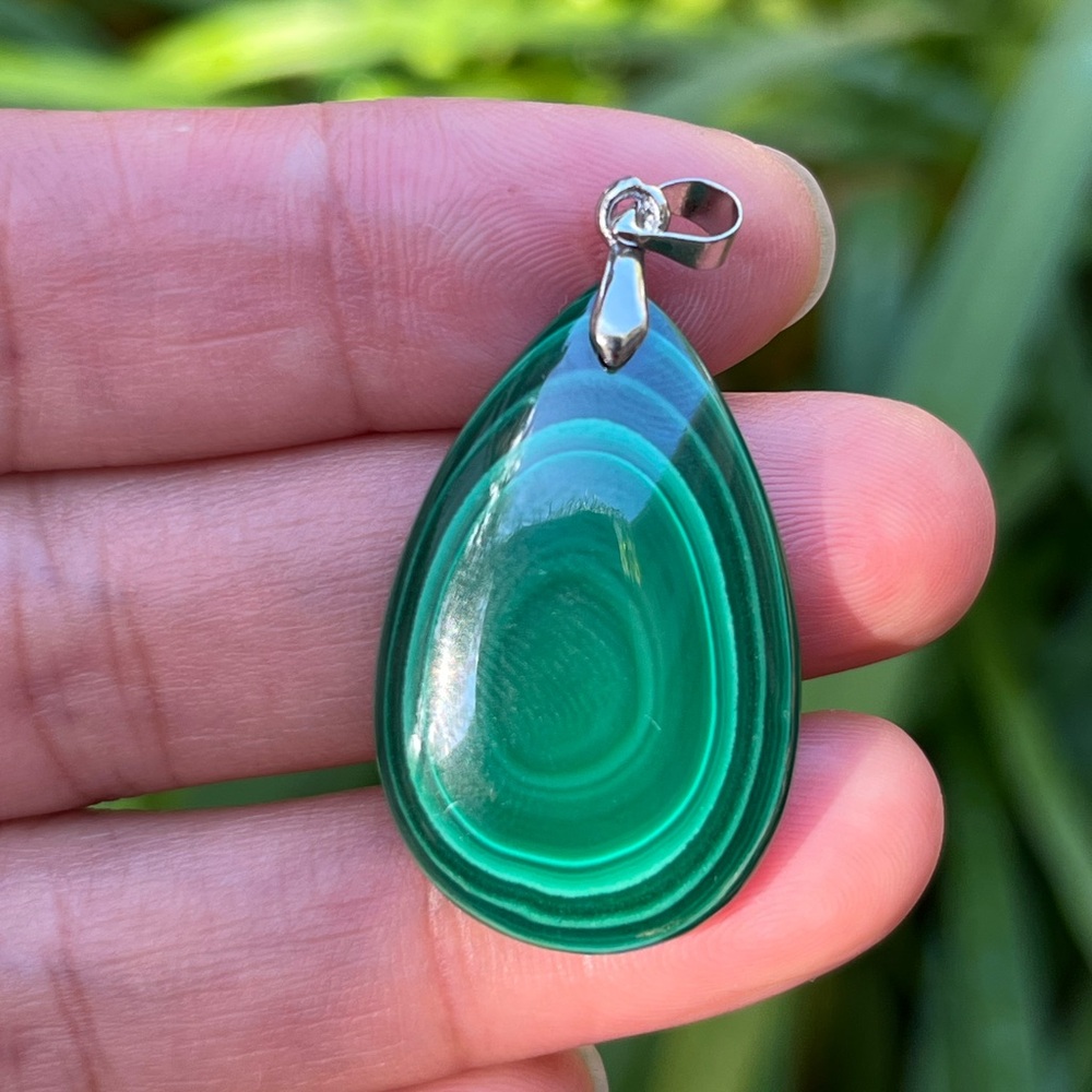 Sterling silver 925 stamped‎ natural banded malachite pendant 0288